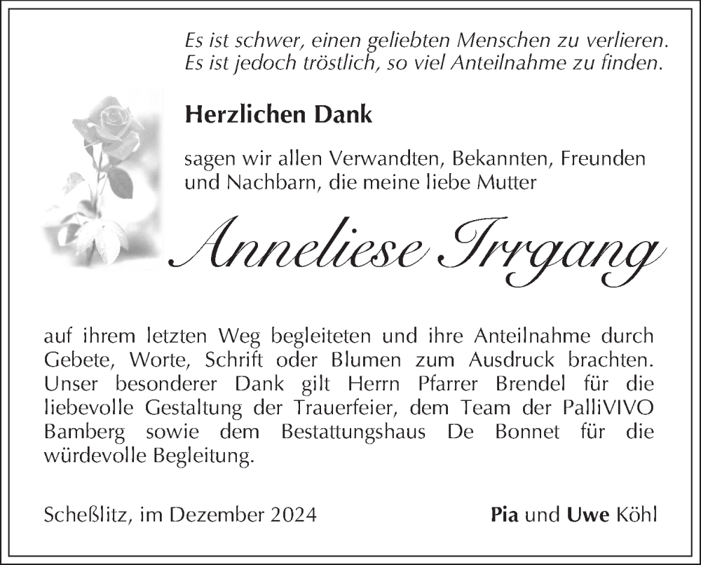  Traueranzeige für Anneliese Irrgang vom 30.11.2024 aus MGO