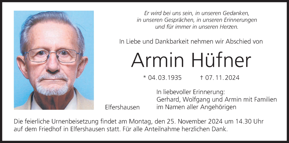  Traueranzeige für Armin Hüfner vom 19.11.2024 aus MGO