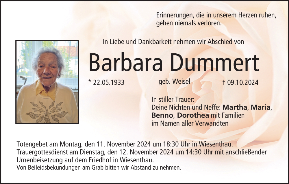  Traueranzeige für Barbara Dummert vom 09.11.2024 aus MGO