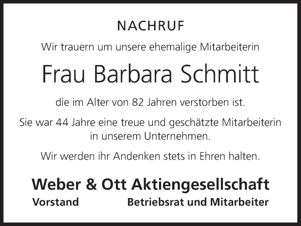  Traueranzeige für Barbara Schmitt vom 05.11.2024 aus MGO