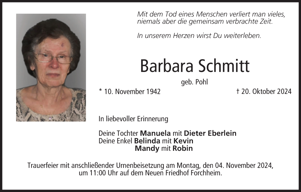  Traueranzeige für Barbara Schmitt vom 02.11.2024 aus MGO