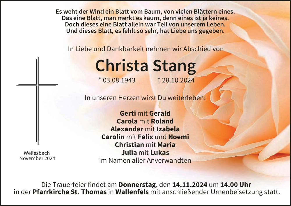  Traueranzeige für Christa Stang vom 09.11.2024 aus MGO