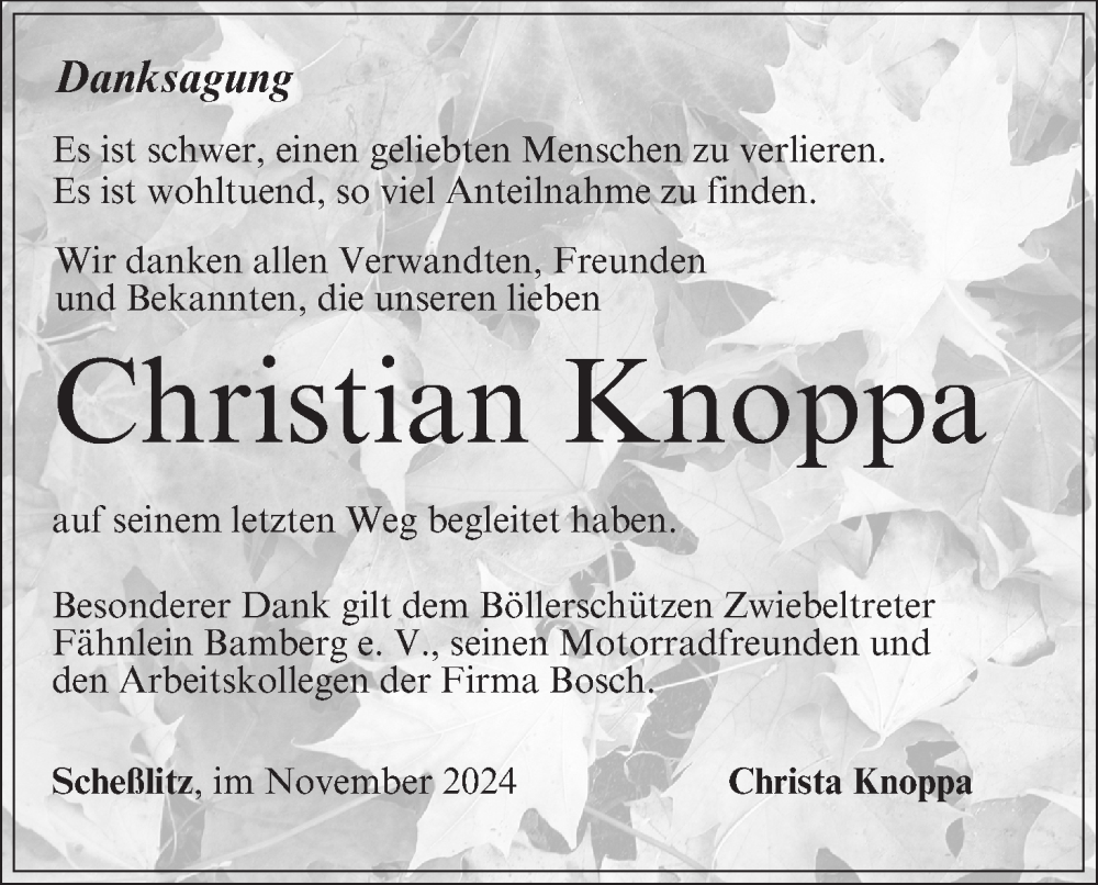  Traueranzeige für Christian Knoppa vom 09.11.2024 aus MGO