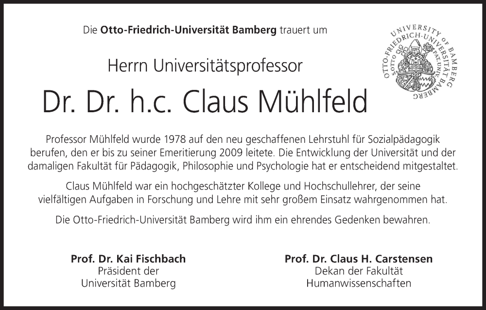  Traueranzeige für Claus Mühlfeld vom 02.11.2024 aus MGO