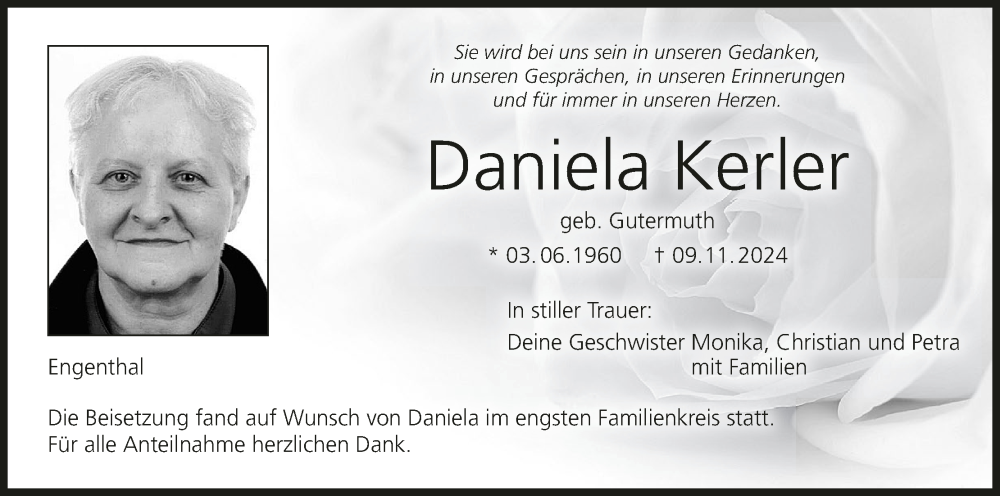  Traueranzeige für Daniela Kerler vom 30.11.2024 aus MGO