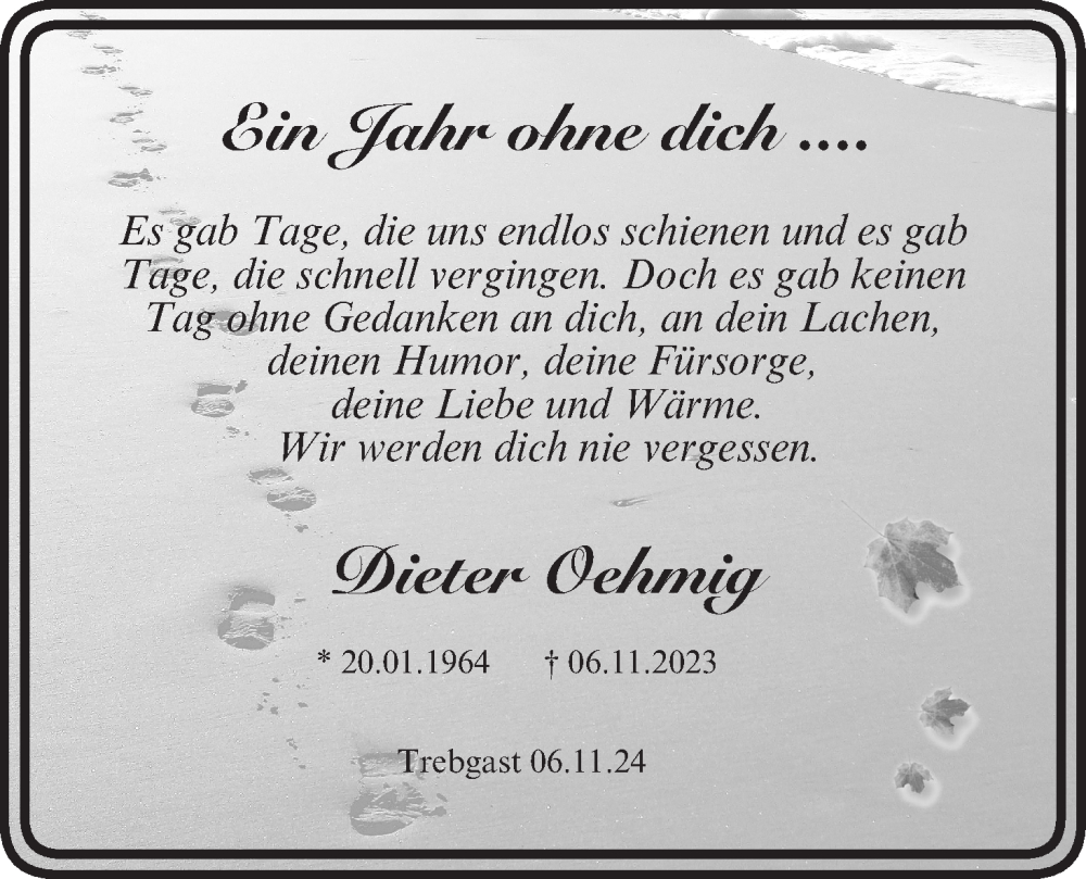  Traueranzeige für Dieter Oehmig vom 06.11.2024 aus MGO