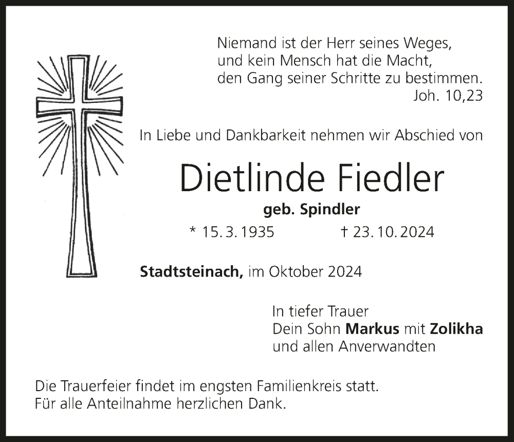  Traueranzeige für Dietlinde Fiedler vom 30.10.2024 aus MGO