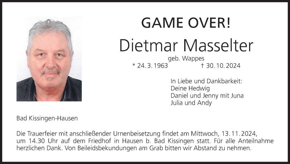  Traueranzeige für Dietmar Masselter vom 06.11.2024 aus MGO