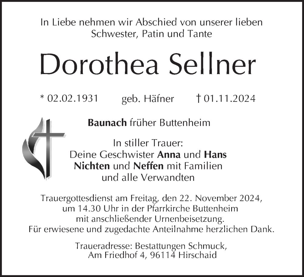  Traueranzeige für Dorothea Sellner vom 16.11.2024 aus MGO
