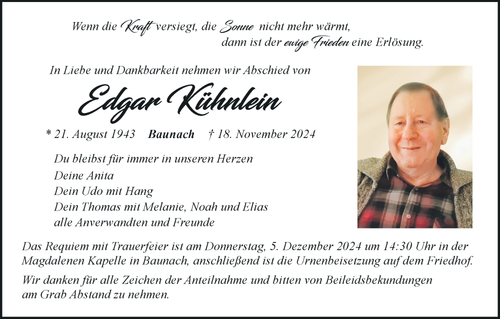  Traueranzeige für Edgar Kühnlein vom 30.11.2024 aus MGO