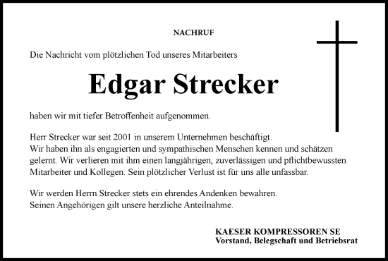 Anzeige von Edgar Strecker von MGO