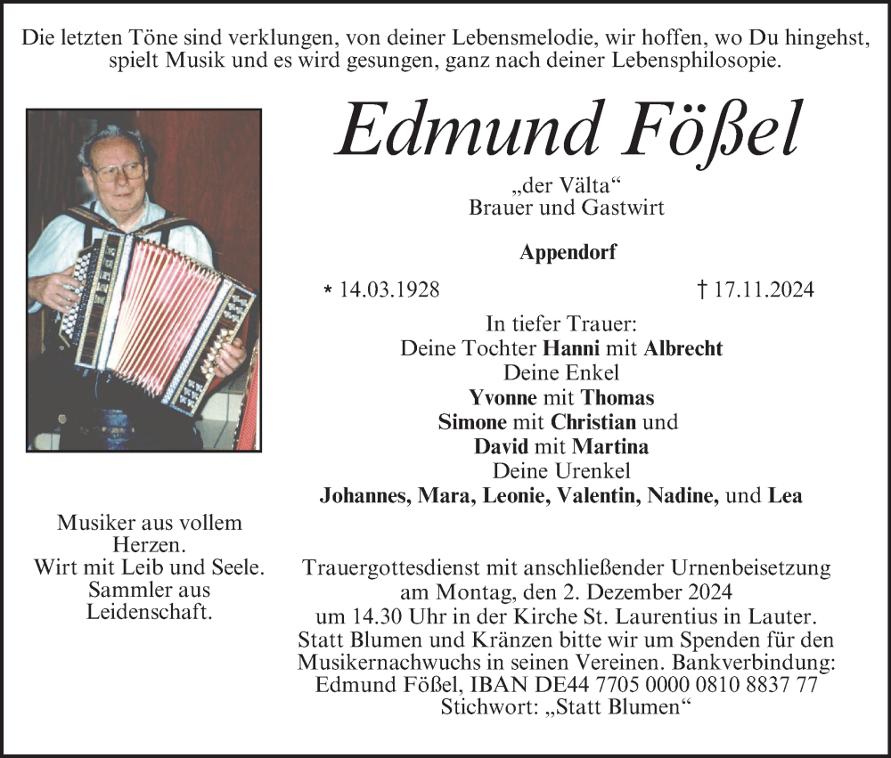  Traueranzeige für Edmund Fößel vom 30.11.2024 aus MGO