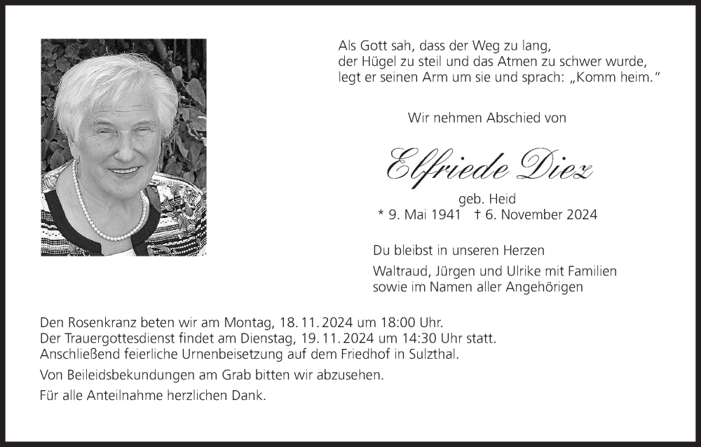  Traueranzeige für Elfriede Diez vom 16.11.2024 aus MGO