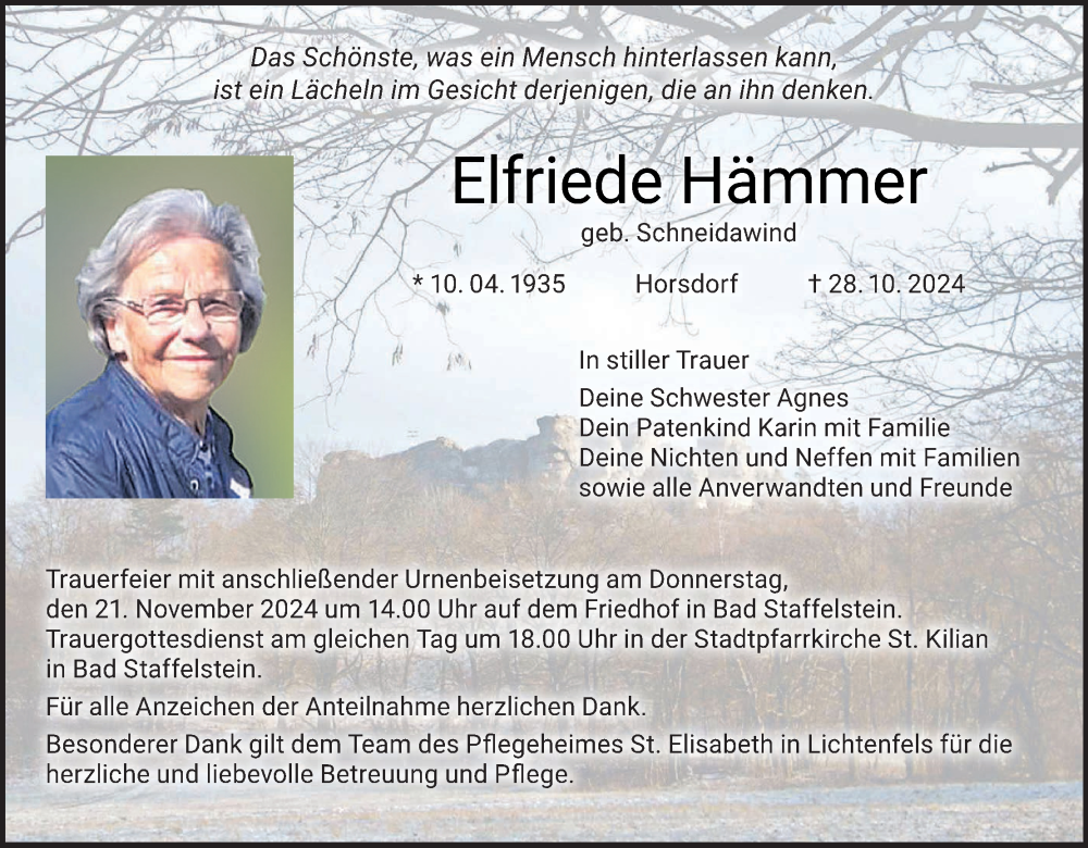  Traueranzeige für Elfriede Hömmer vom 16.11.2024 aus MGO