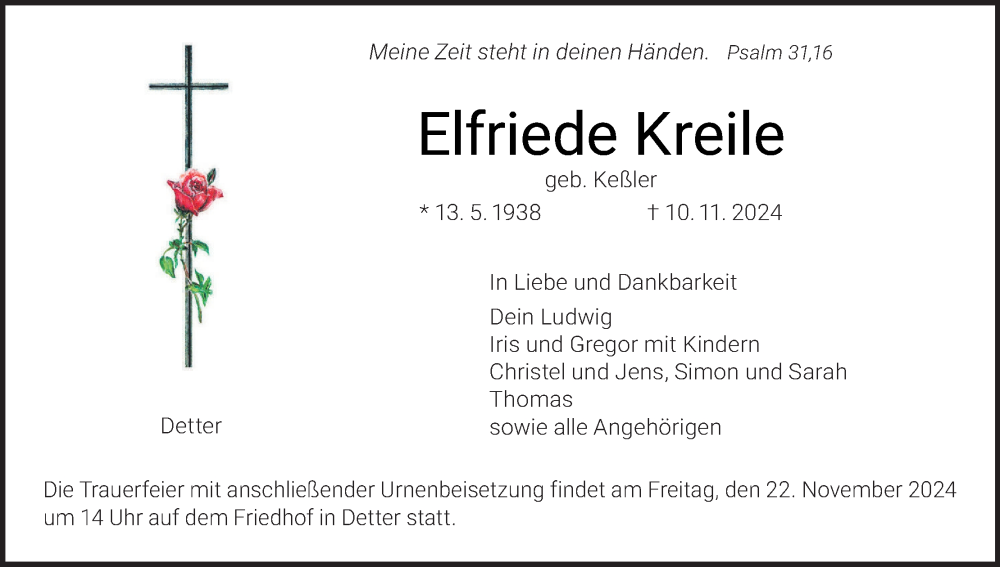  Traueranzeige für Elfriede Kreile vom 16.11.2024 aus MGO