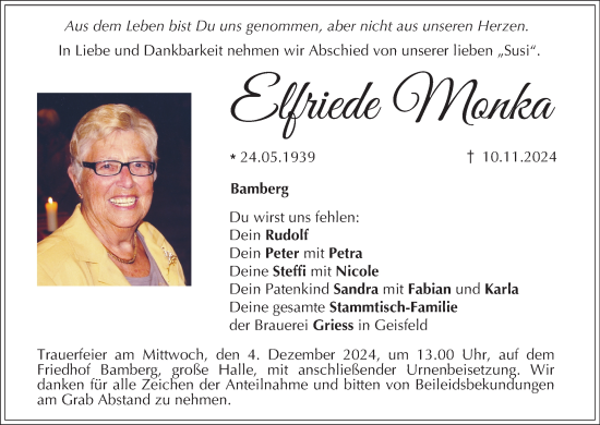 Anzeige von Elfriede Monka von MGO
