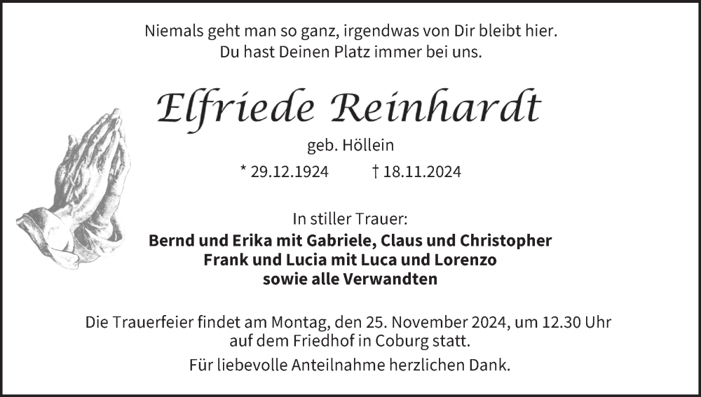  Traueranzeige für Elfriede Reinhardt vom 22.11.2024 aus MGO