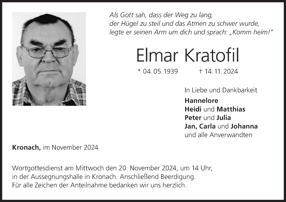  Traueranzeige für Elmar Kratofil vom 19.11.2024 aus MGO