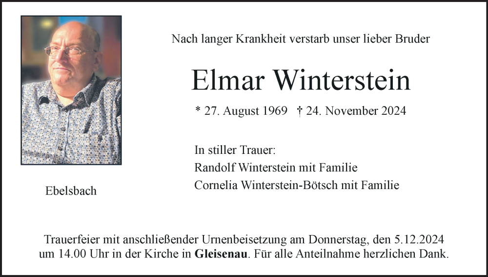  Traueranzeige für Elmar Winterstein vom 30.11.2024 aus MGO