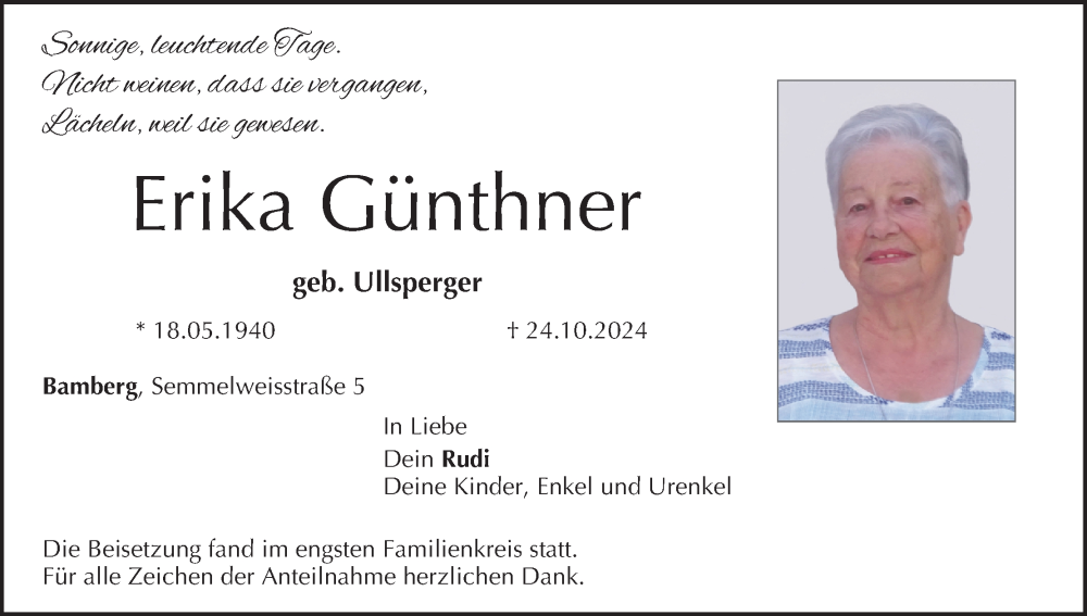  Traueranzeige für Erika Günthner vom 23.11.2024 aus MGO