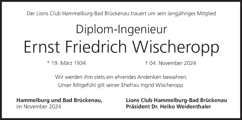  Traueranzeige für Ernst Friedrich Wischeropp vom 14.11.2024 aus MGO