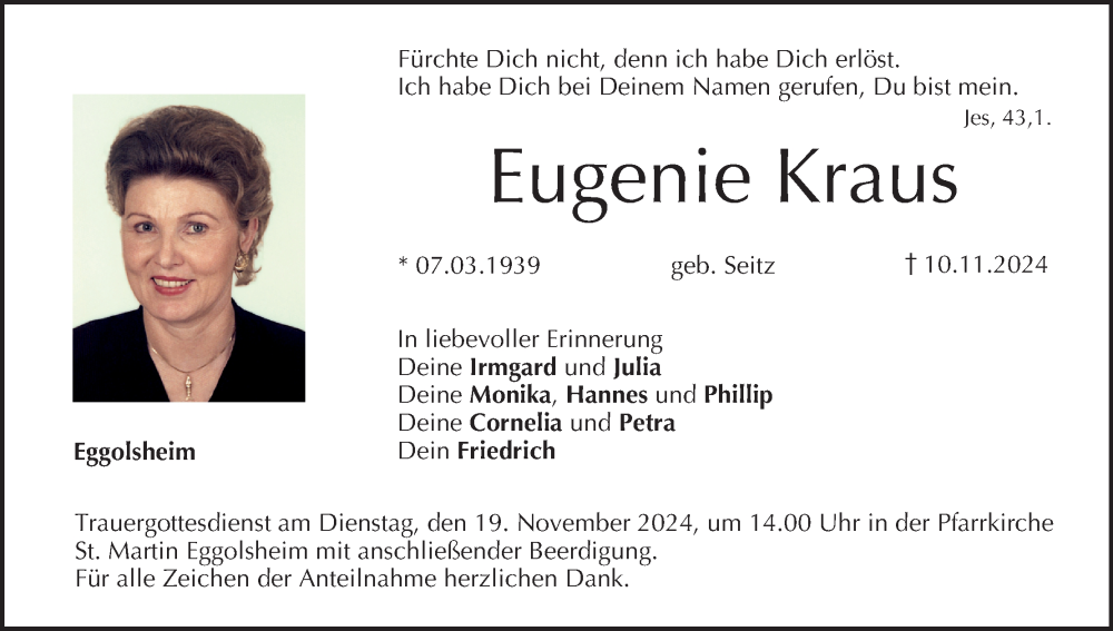  Traueranzeige für Eugenie Kraus vom 16.11.2024 aus MGO
