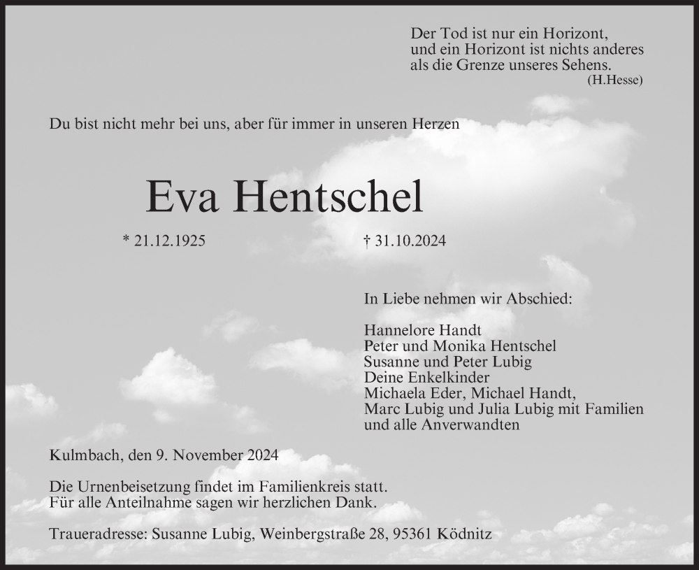  Traueranzeige für Eva Hentschel vom 09.11.2024 aus MGO