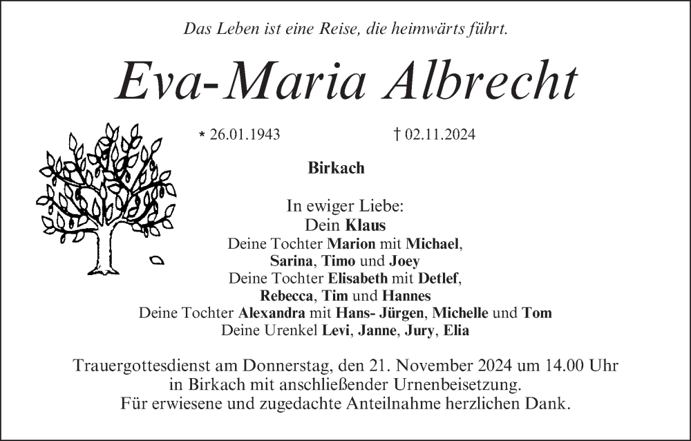  Traueranzeige für Eva-Maria Albrecht vom 16.11.2024 aus MGO