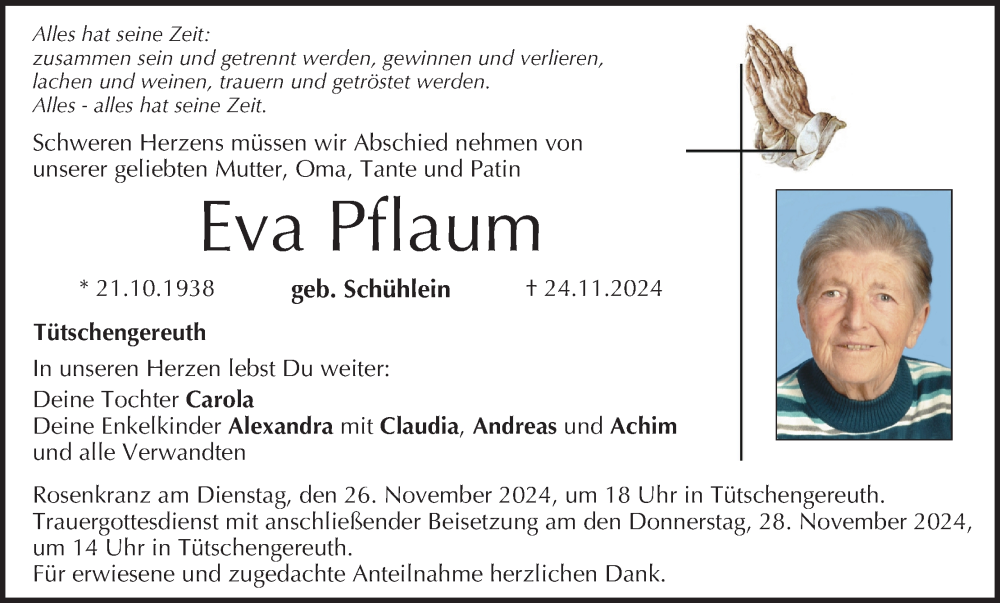  Traueranzeige für Eva Pflaum vom 26.11.2024 aus MGO