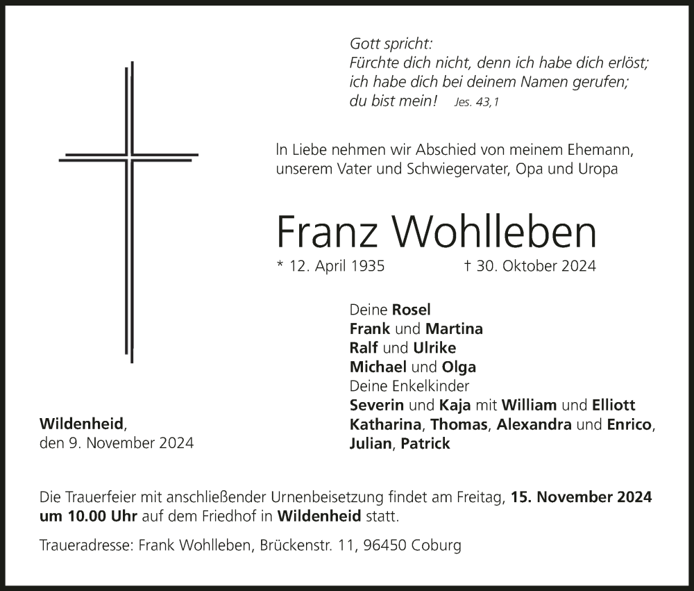  Traueranzeige für Franz Wohlleben vom 09.11.2024 aus MGO