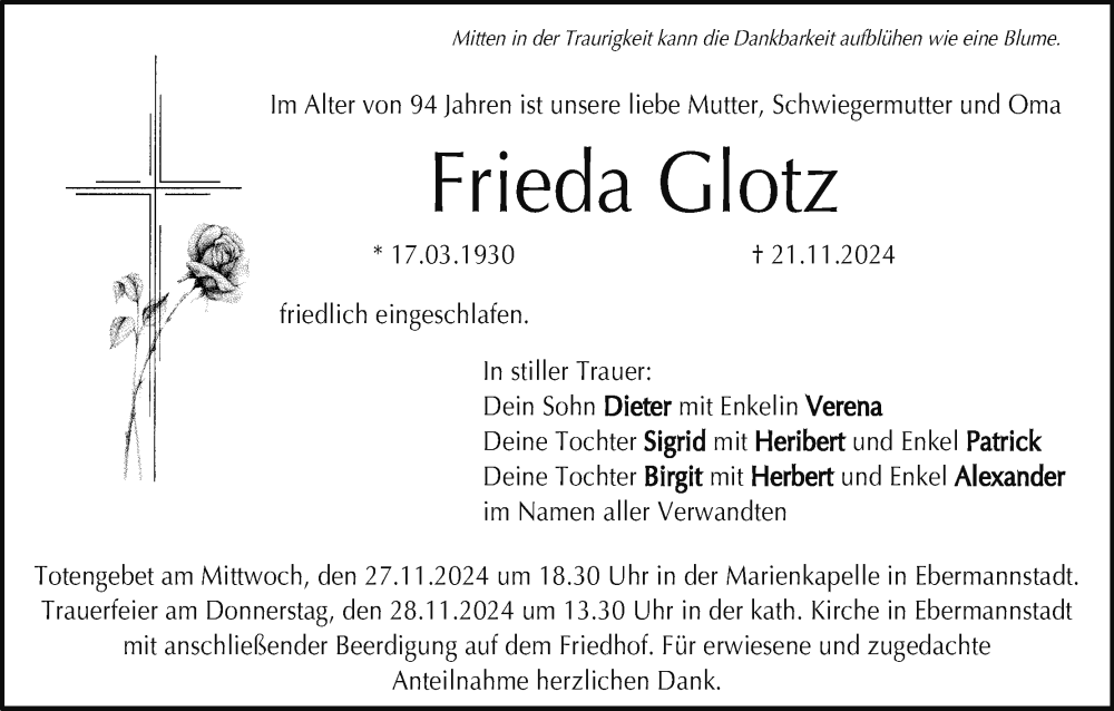  Traueranzeige für Frieda Glotz vom 26.11.2024 aus MGO