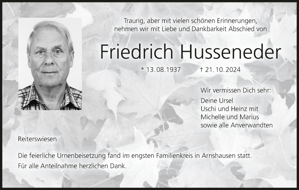  Traueranzeige für Friedrich Husseneder vom 09.11.2024 aus MGO