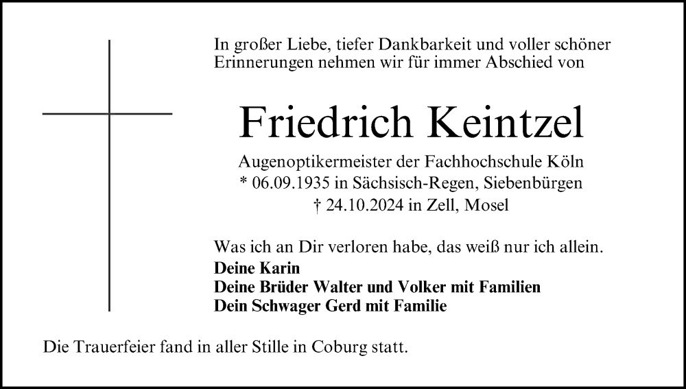  Traueranzeige für Friedrich Keintzel vom 16.11.2024 aus MGO