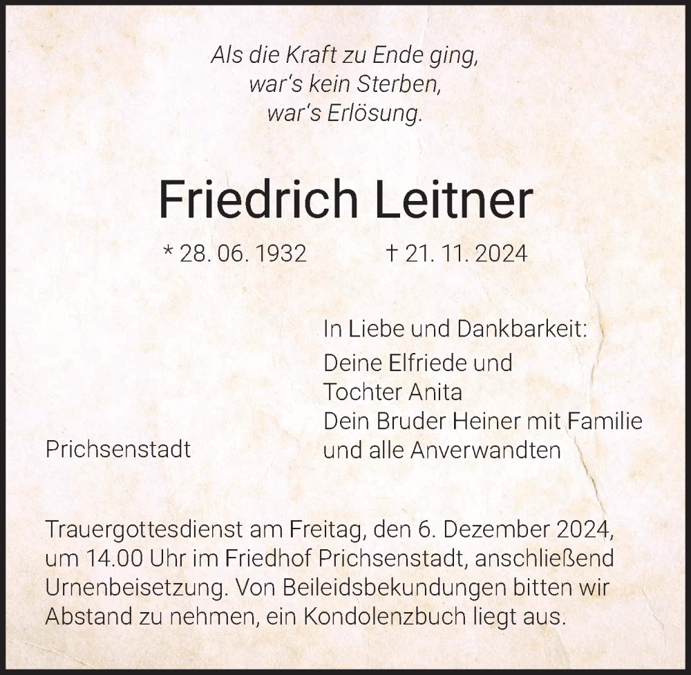  Traueranzeige für Friedrich Leitner vom 30.11.2024 aus MGO