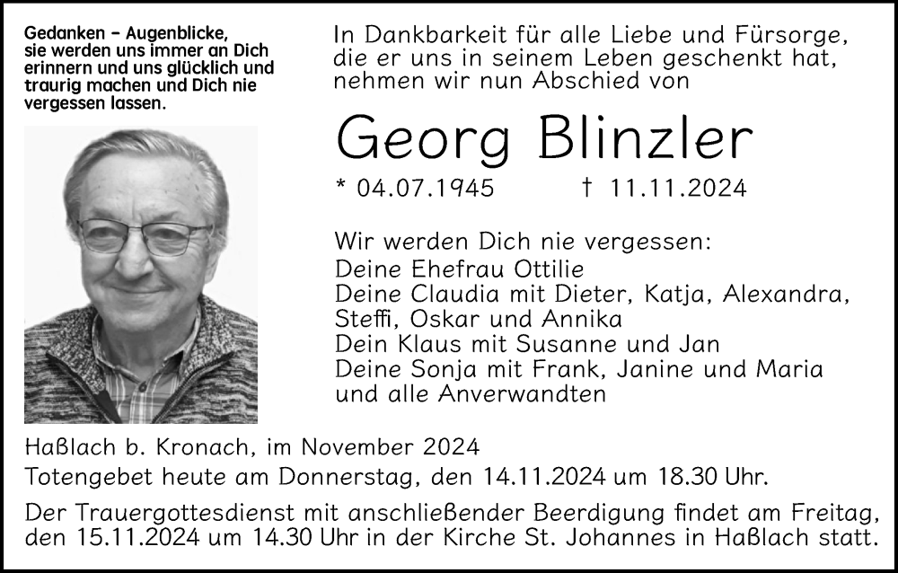  Traueranzeige für Georg Blinzler vom 14.11.2024 aus MGO