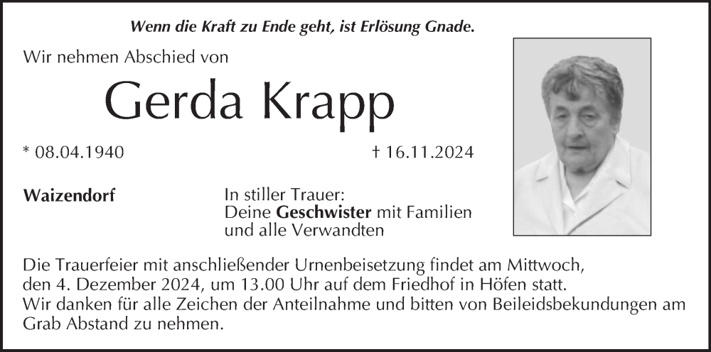  Traueranzeige für Gerda Krapp vom 23.11.2024 aus MGO