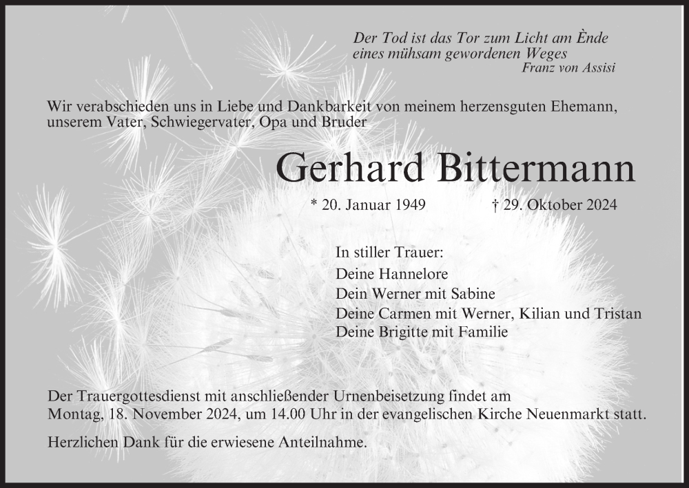 Traueranzeige für Gerhard Bittermann vom 14.11.2024 aus MGO