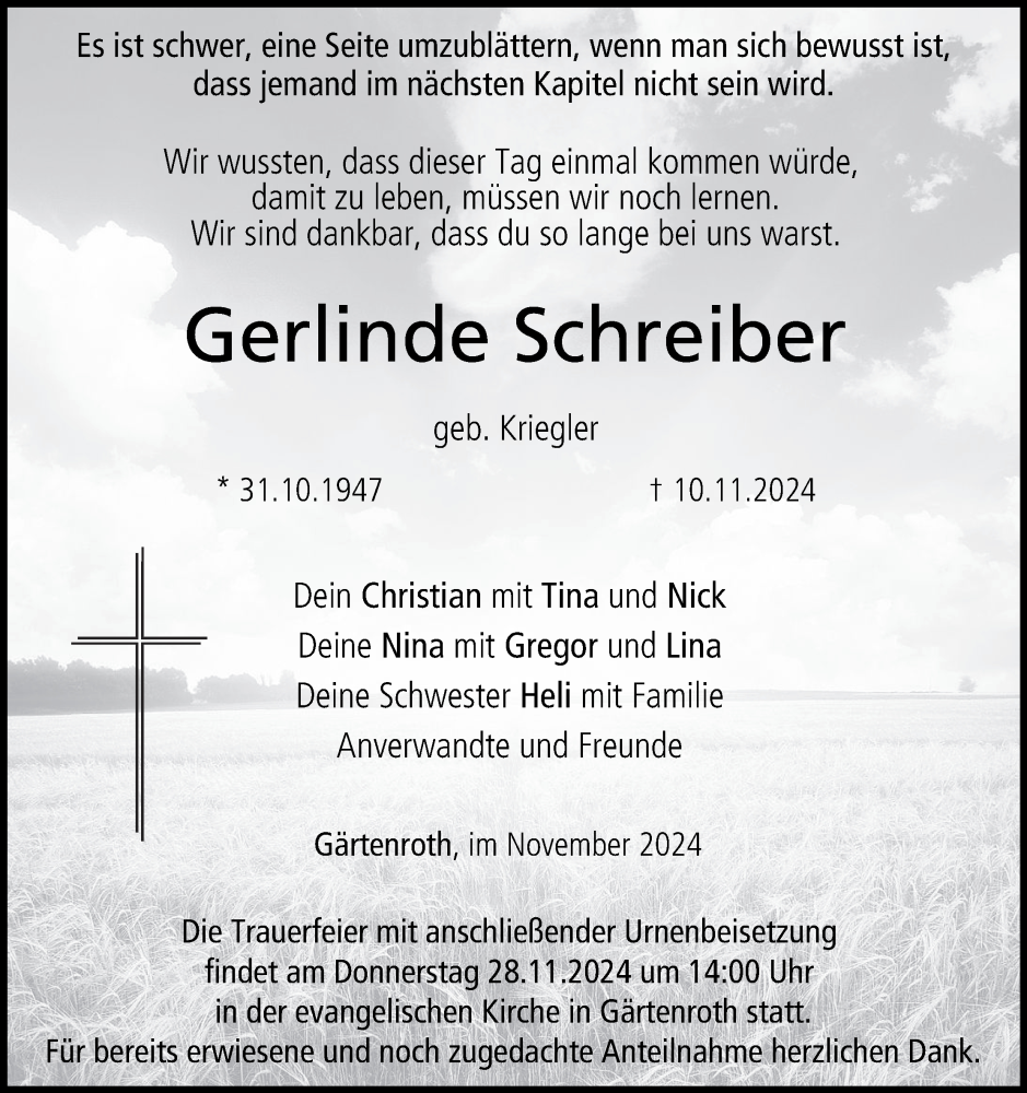  Traueranzeige für Gerlinde Schreiber vom 23.11.2024 aus MGO