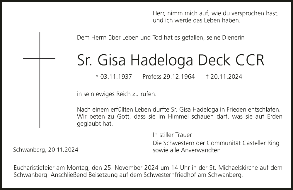  Traueranzeige für Gisa Hadeloga Deck vom 22.11.2024 aus MGO