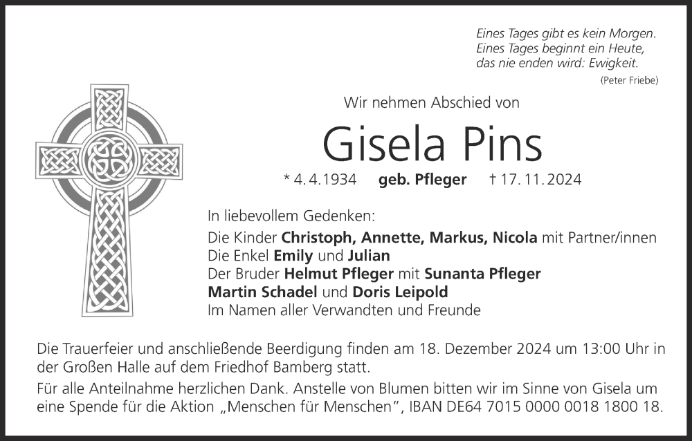  Traueranzeige für Gisela Pins vom 30.11.2024 aus MGO