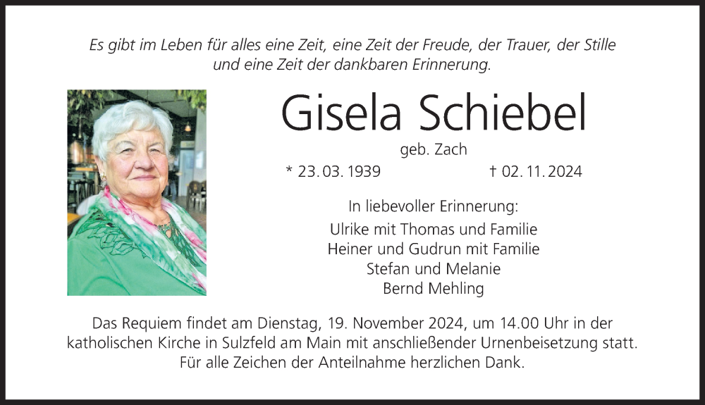  Traueranzeige für Gisela Schiebel vom 16.11.2024 aus MGO