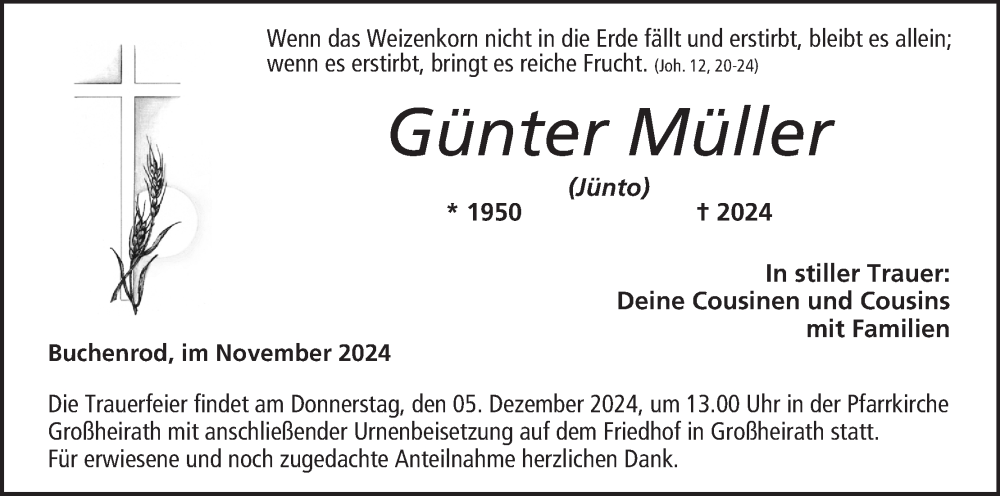  Traueranzeige für Günter Müller vom 30.11.2024 aus MGO