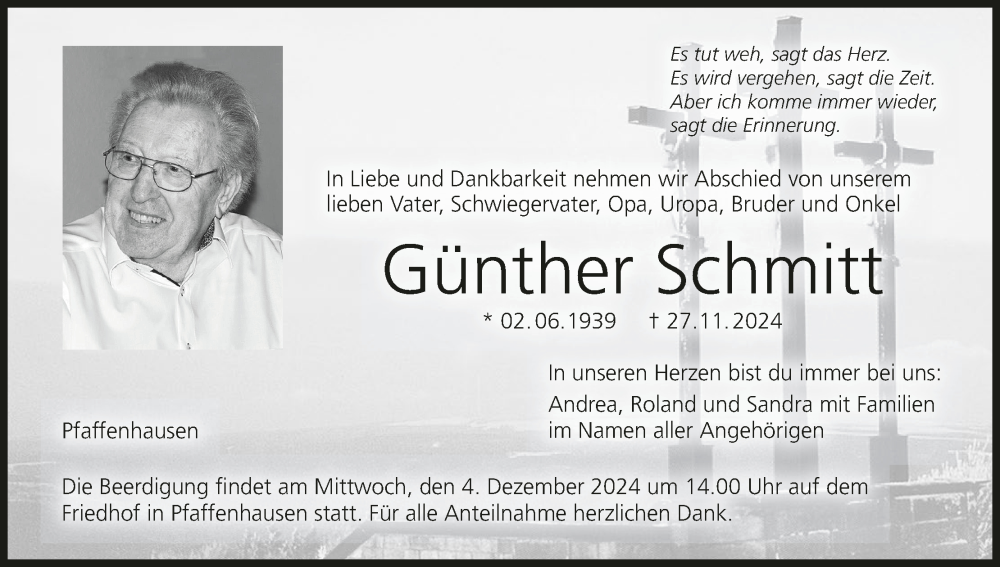  Traueranzeige für Günther Schmitt vom 30.11.2024 aus MGO