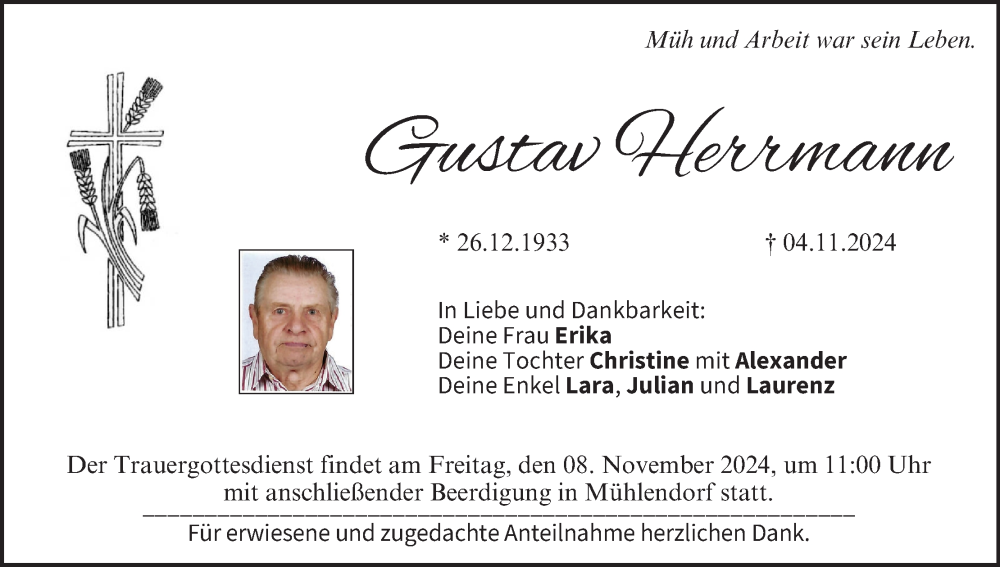  Traueranzeige für Gustav Herrmann vom 07.11.2024 aus MGO