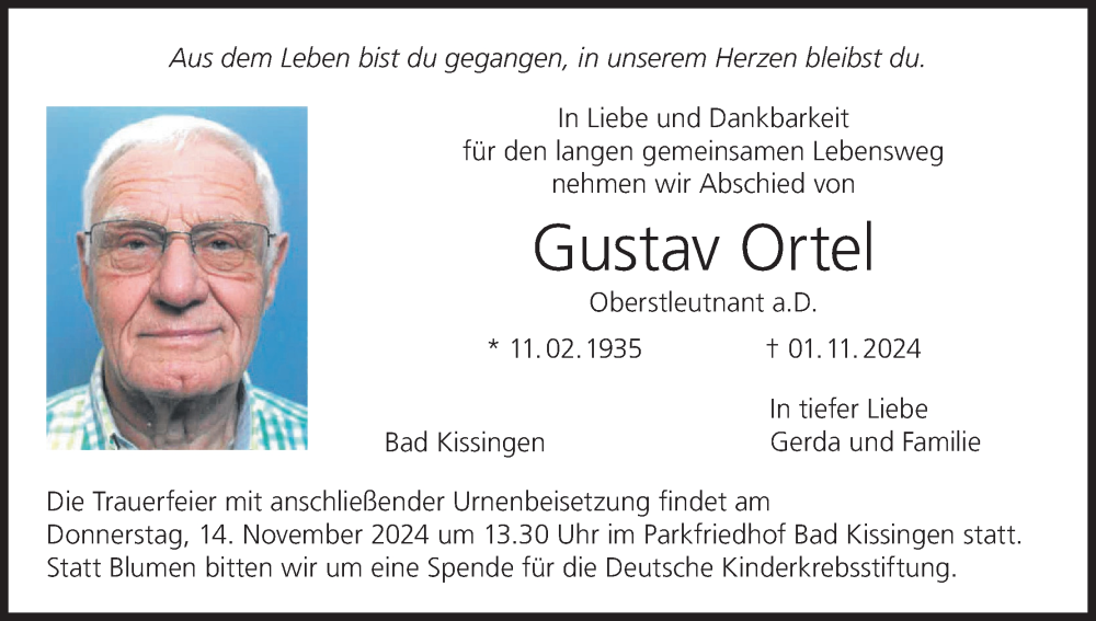  Traueranzeige für Gustav Ortel vom 09.11.2024 aus MGO
