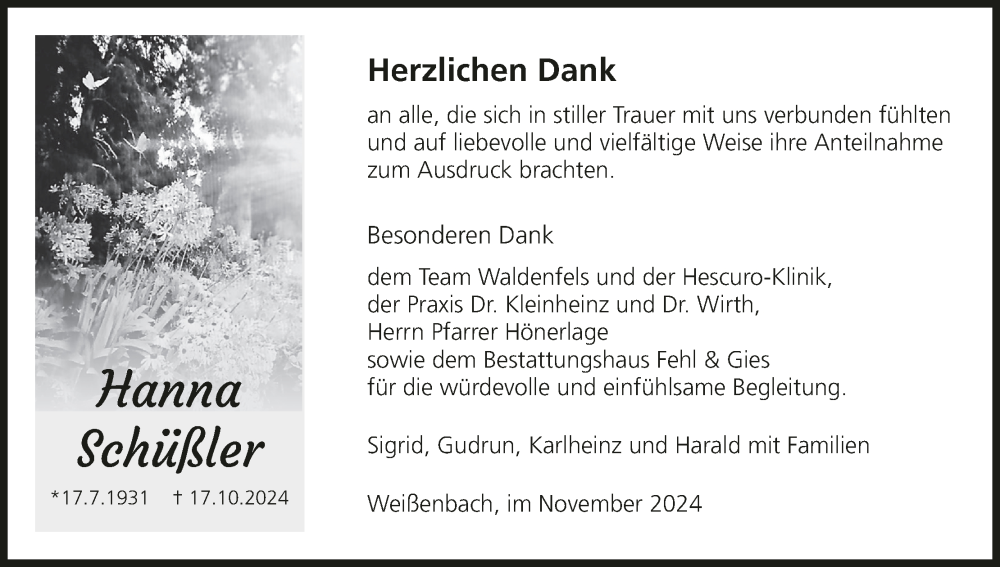  Traueranzeige für Hanna Schüßler vom 30.11.2024 aus MGO