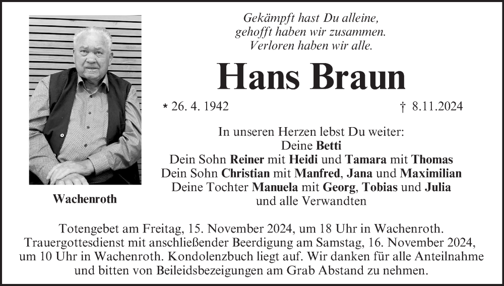 Traueranzeige für Hans Braun vom 12.11.2024 aus MGO