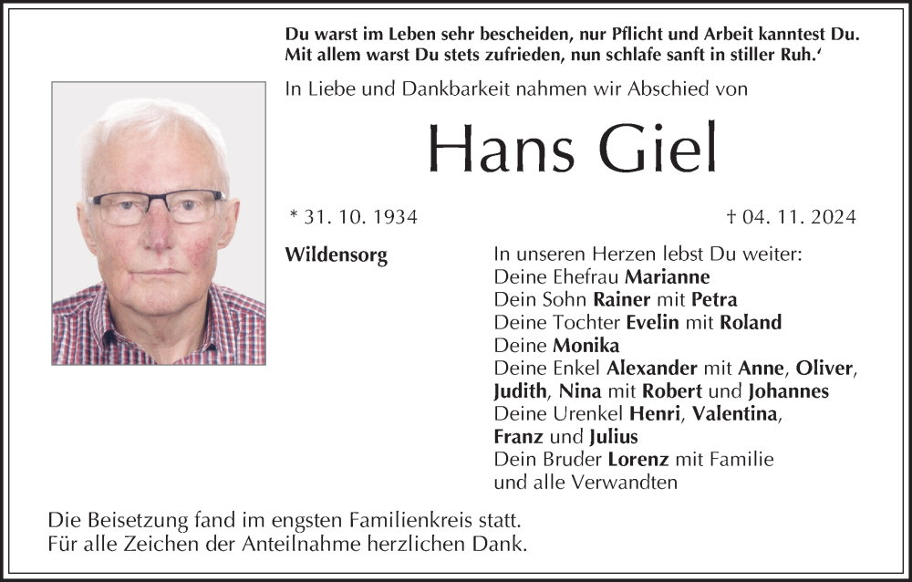  Traueranzeige für Hans Giel vom 23.11.2024 aus MGO