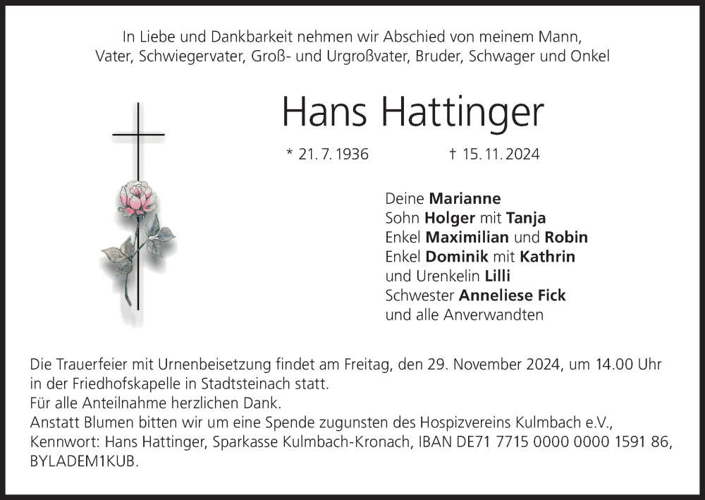  Traueranzeige für Hans Hattinger vom 23.11.2024 aus MGO