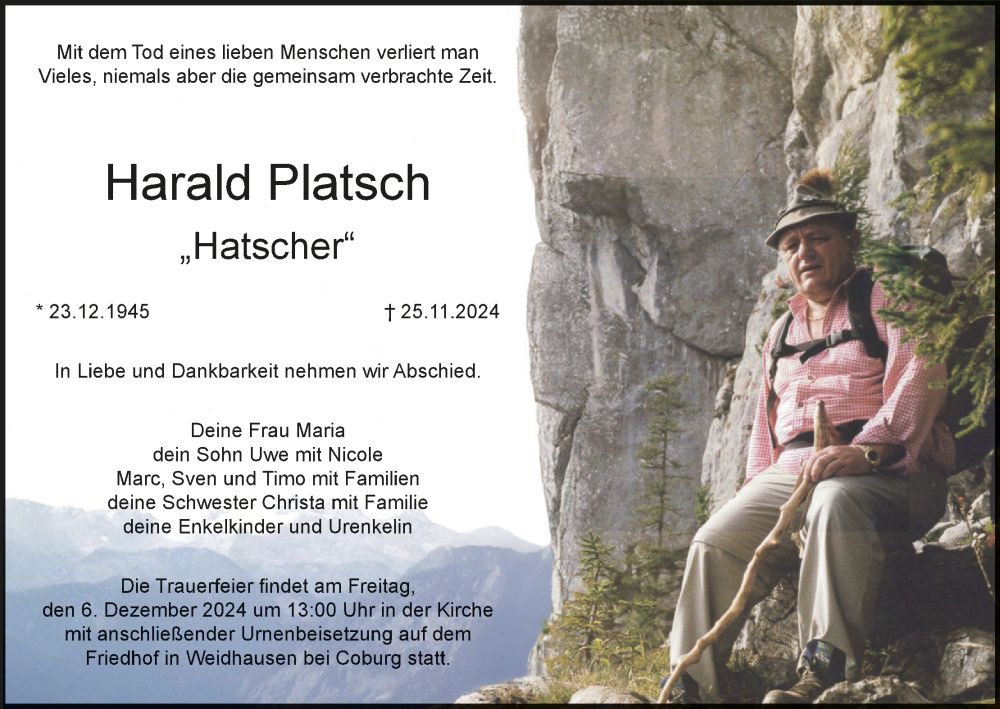  Traueranzeige für Harald Platsch vom 30.11.2024 aus MGO